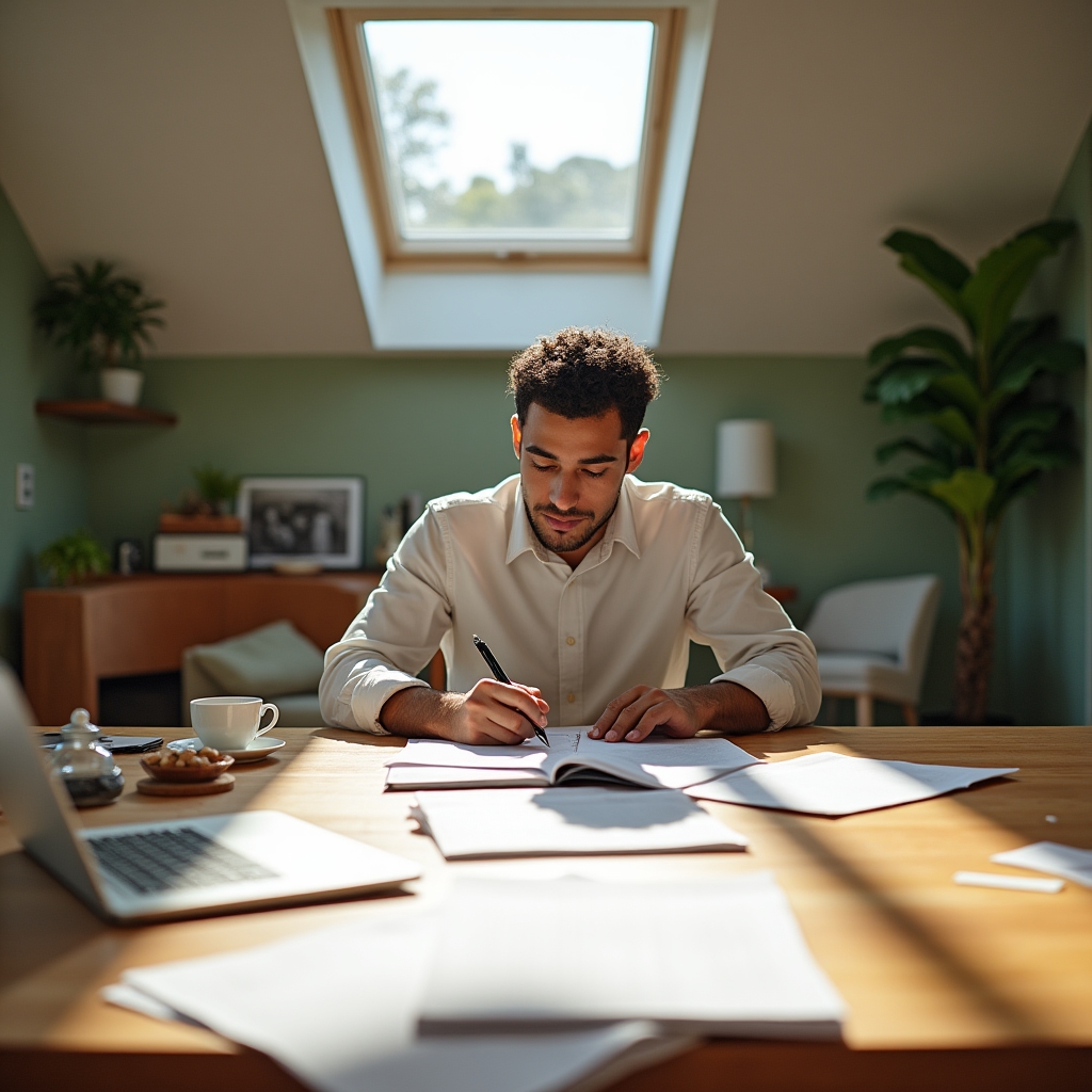 Arbeitsraum mit Notizen und Teeutensilien während der Kursentwicklung